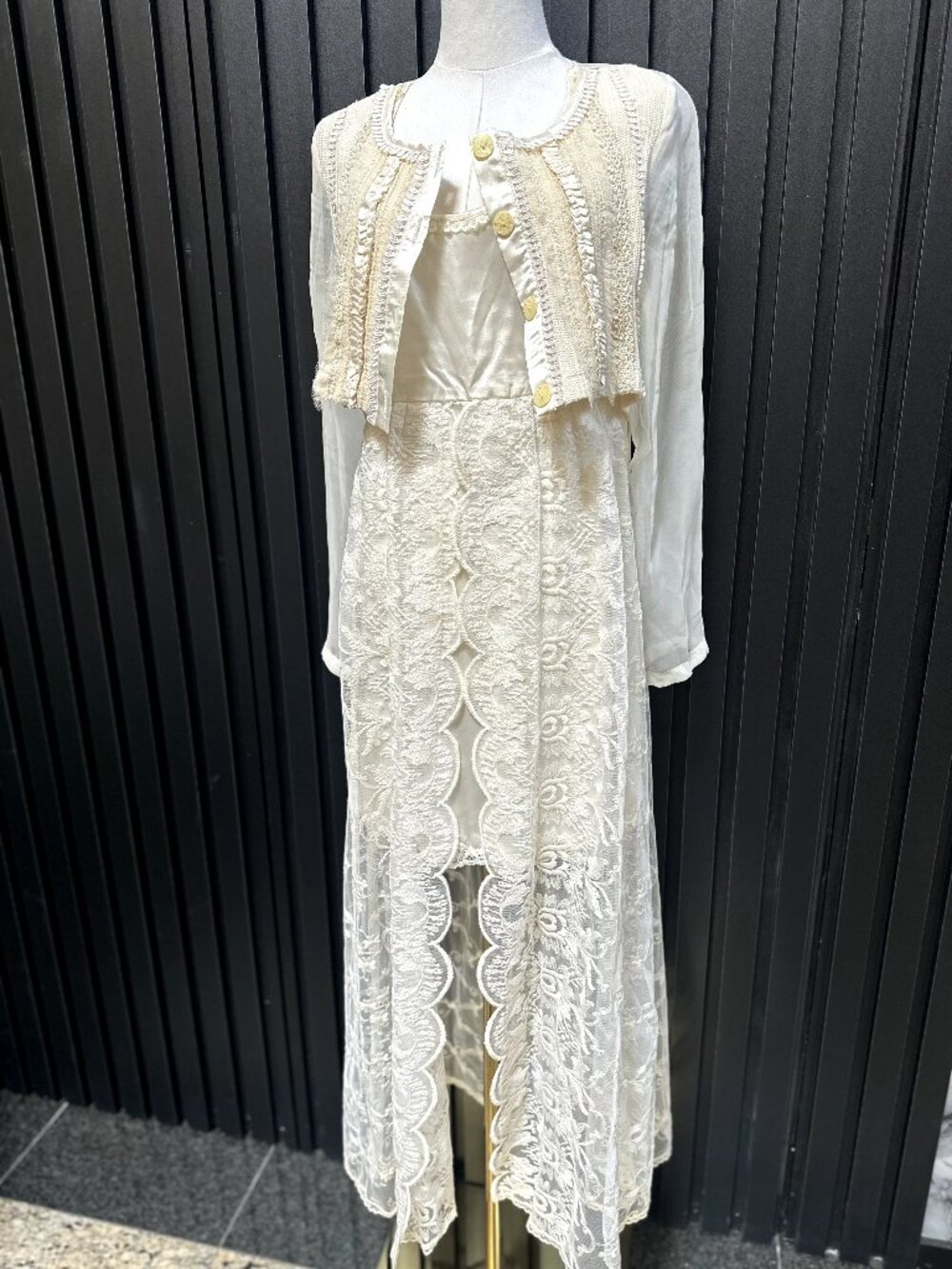 Ivory Lace Maxi Dress with Crochet Trim Cardigan Set